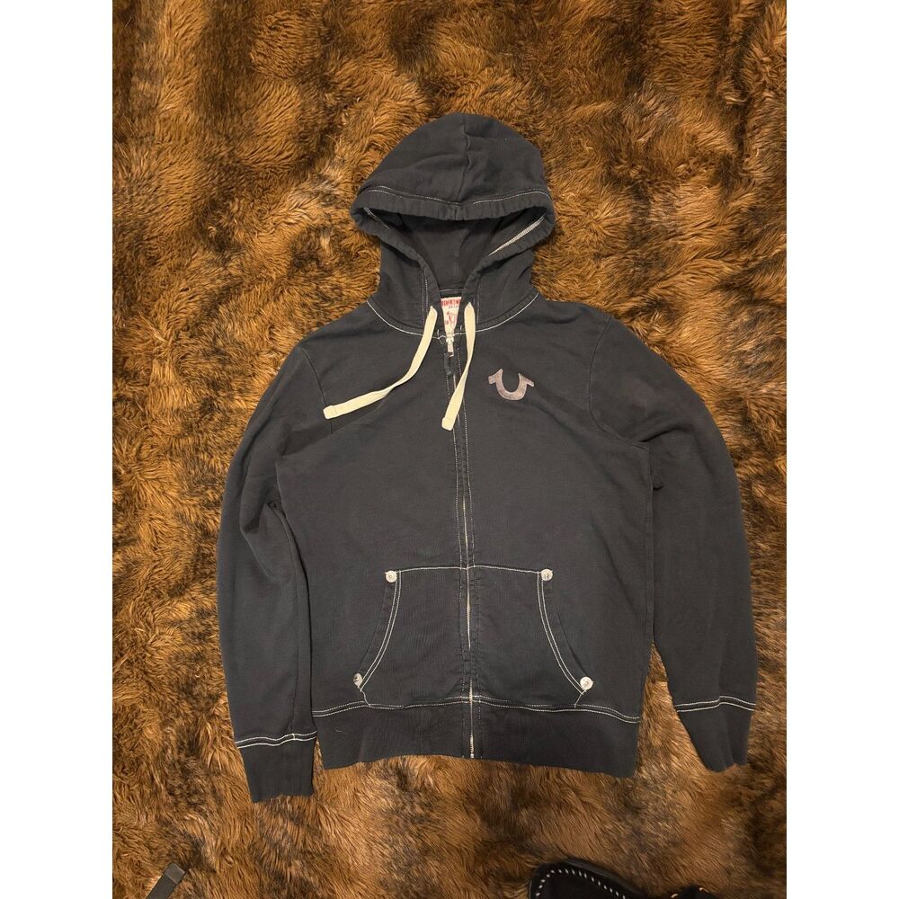Men's Small True Religion Horseshoe Applique Super T Fleece Zip Hoodie Black